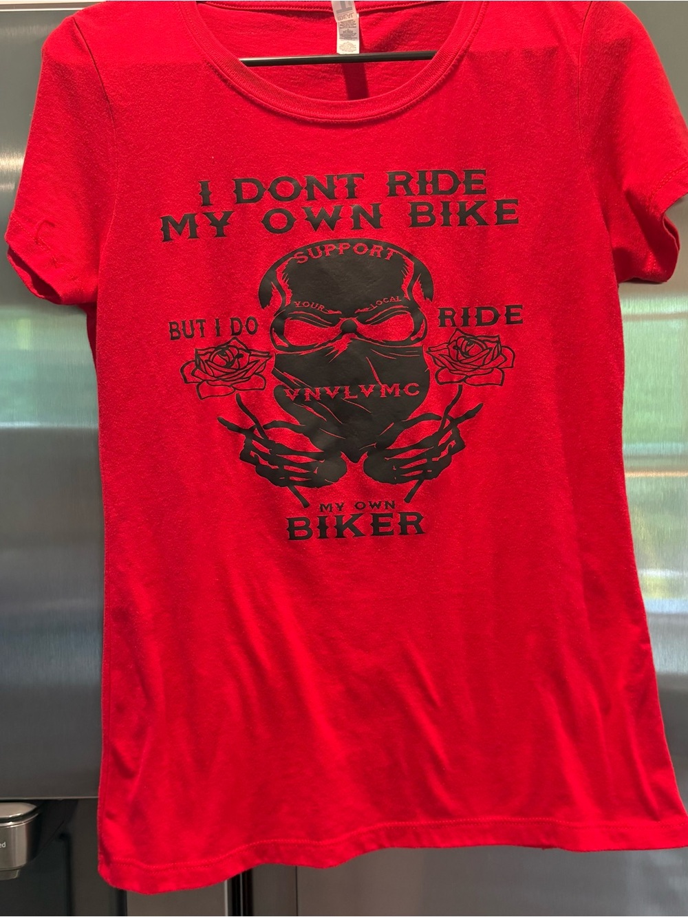Red Graphic Biker Tee with Black Skull Design size LARGE